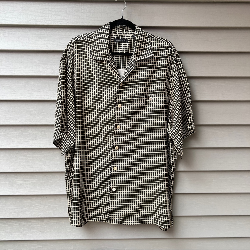 Windsor Lake Button Down Silk Shirt Short Sleeve Black Cream Men’s Size L Casual